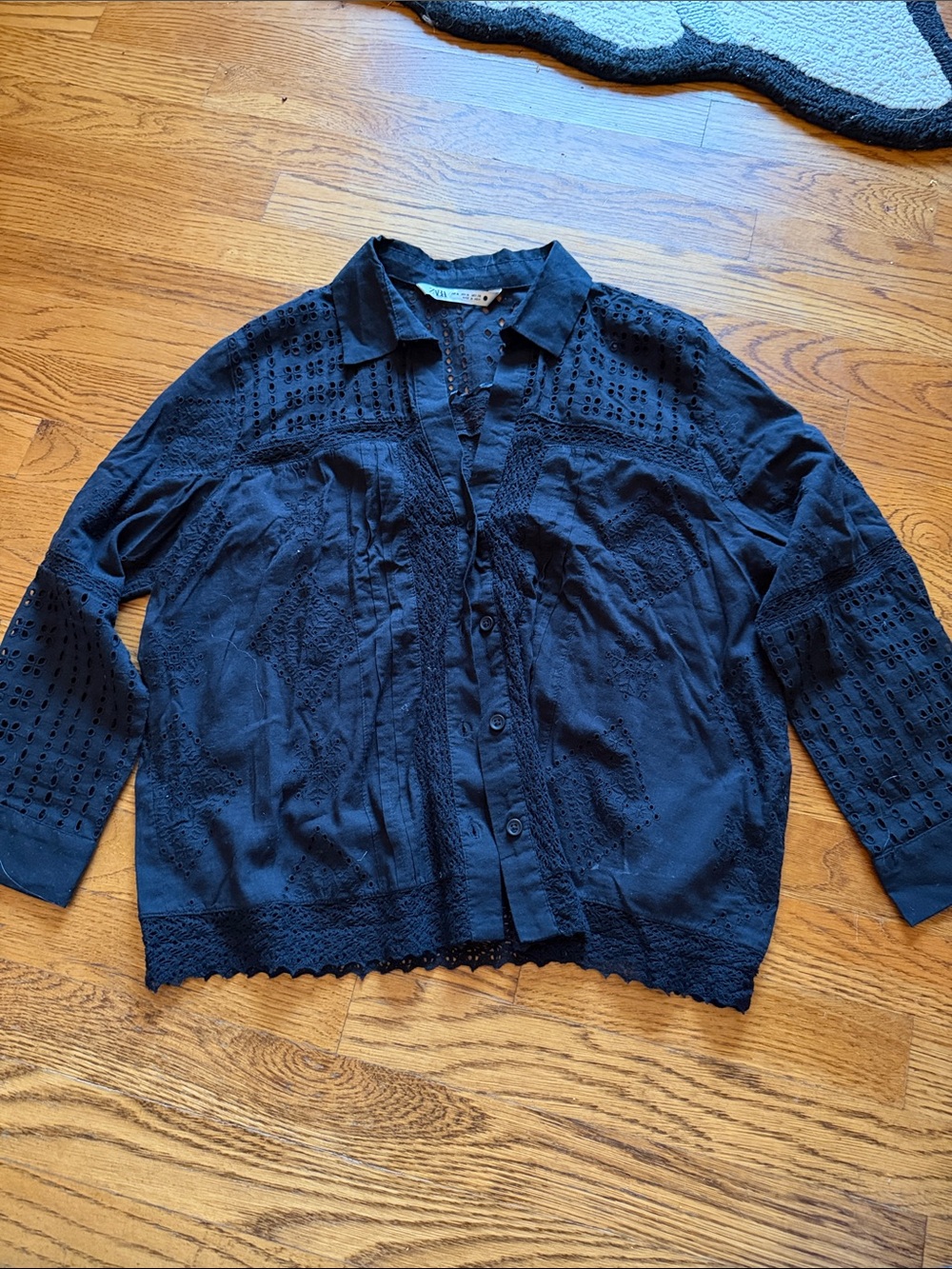 Zara Black Eyelet Button-Down Blouse